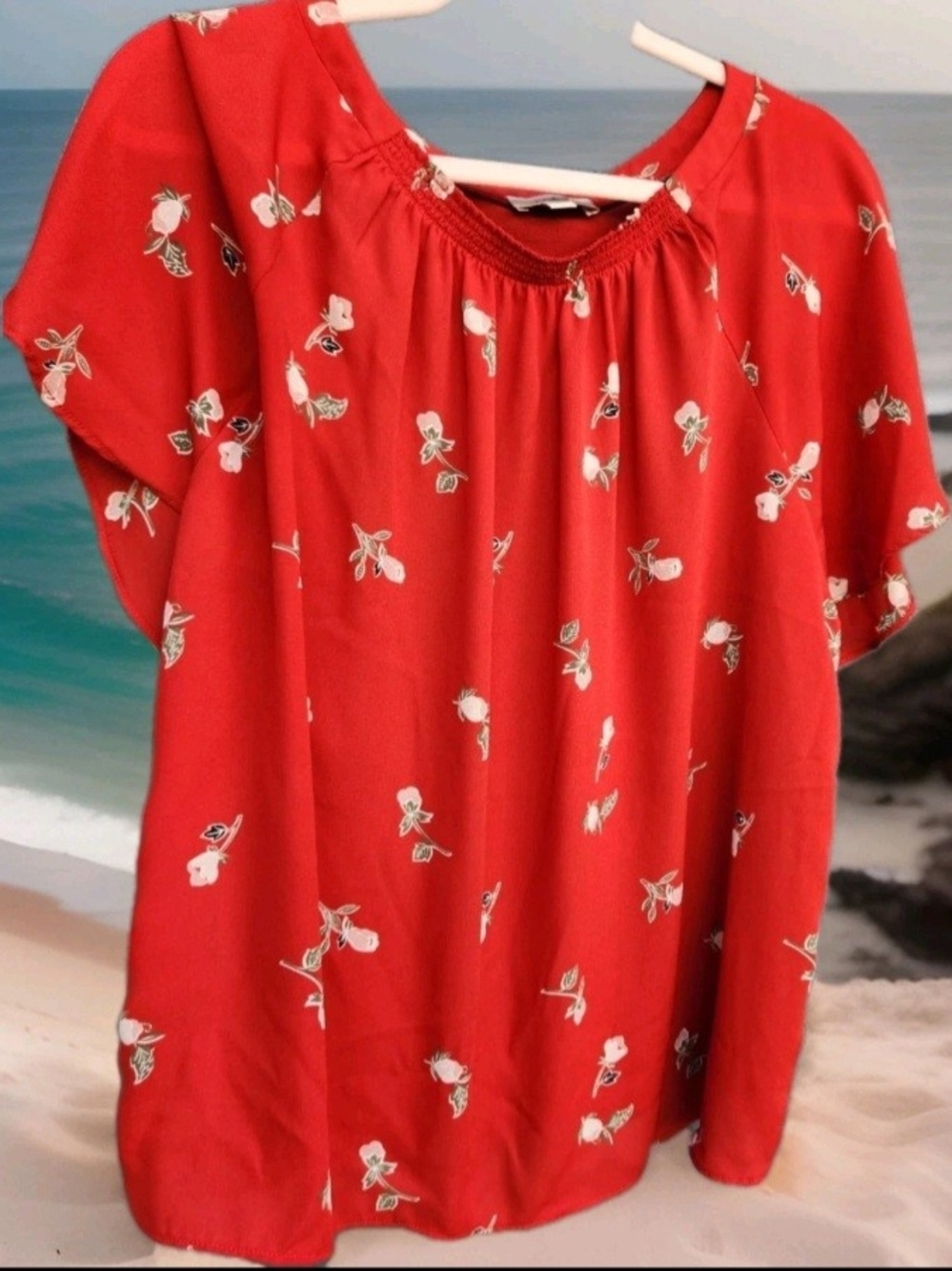 Dainty Hawaiian LOFT Red Floral Peasant Blouse Romantic Resortcore L Large Flowy